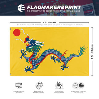 A mockup depicting custom flag specifications and measurements for 'Qing  flag'