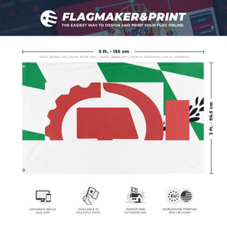 A mockup depicting custom flag specifications and measurements for 'T flag'