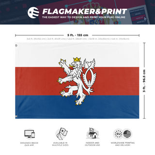 A mockup depicting custom flag specifications and measurements for 'Czech tricolor with Bohemian lion flag'