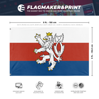A mockup depicting custom flag specifications and measurements for 'Czech tricolor with Bohemian lion flag'