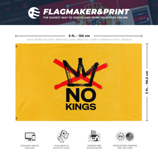 A mockup depicting custom flag specifications and measurements for 'No Kings Flag'