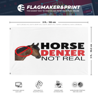 A mockup depicting custom flag specifications and measurements for 'no horse flag'