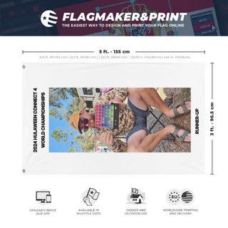 A mockup depicting custom flag specifications and measurements for 'HULA24 flag'