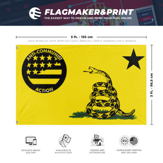 A mockup depicting custom flag specifications and measurements for 'Anti Communist action USA flag'