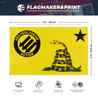 A mockup depicting custom flag specifications and measurements for 'A.T.A ensign flag'