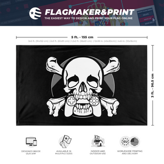 A mockup depicting custom flag specifications and measurements for 'Mutineers flag'