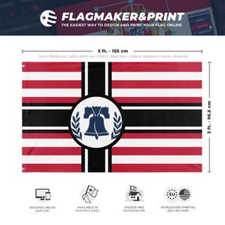 A mockup depicting custom flag specifications and measurements for 'Liberty roots flag'