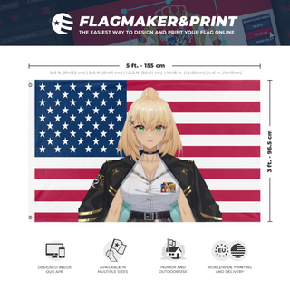 A mockup depicting custom flag specifications and measurements for 'JosieFlags'