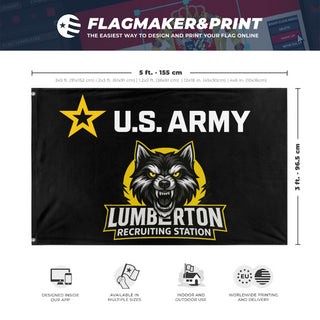 A mockup depicting custom flag specifications and measurements for 'RECRUITING flag'