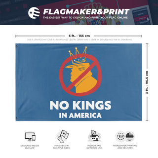 A mockup depicting custom flag specifications and measurements for 'No Kings in America flag'