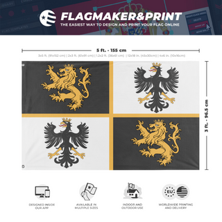 A mockup depicting custom flag specifications and measurements for 'rexuranian standard flag'