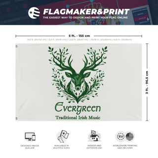 A mockup depicting custom flag specifications and measurements for 'Evergreen Music flag'