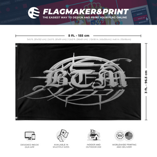 A mockup depicting custom flag specifications and measurements for 'BTM flag'