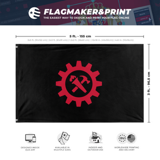A mockup depicting custom flag specifications and measurements for 'Torch and hammer flag'