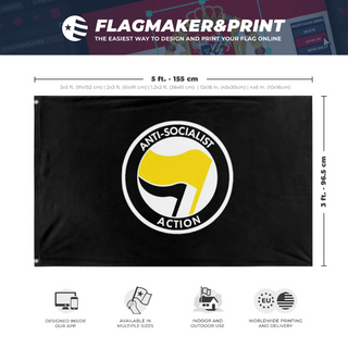 A mockup depicting custom flag specifications and measurements for 'Anti-Socialist action flag'