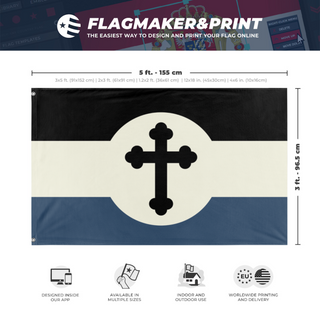 A mockup depicting custom flag specifications and measurements for 'Laurelian Black n Blue flag'