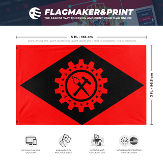 A mockup depicting custom flag specifications and measurements for 'Anarcho-Syndicalist Brazil flag'
