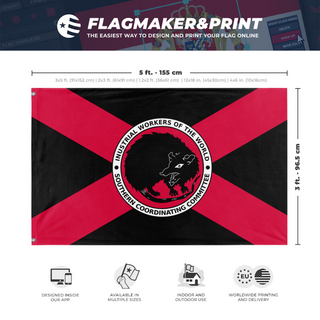 A mockup depicting custom flag specifications and measurements for 'Syndicalist Florida Possum flag'
