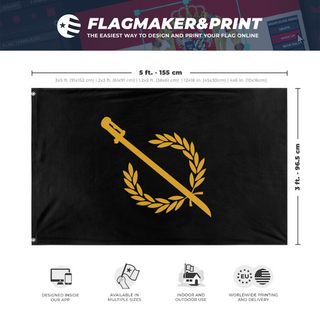 A mockup depicting custom flag specifications and measurements for 'New East Flag'