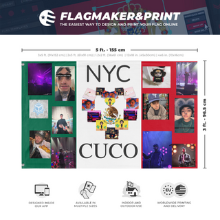 A mockup depicting custom flag specifications and measurements for 'cuco flag'