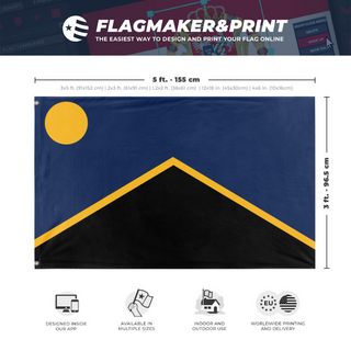 A mockup depicting custom flag specifications and measurements for 'United Republic of Kossia flag'
