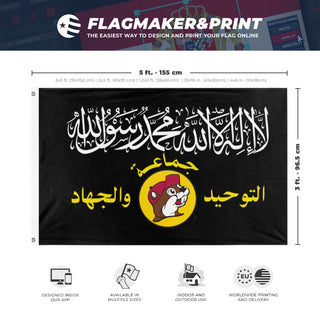 A mockup depicting custom flag specifications and measurements for 'Buc-ee's Caliphate flag'