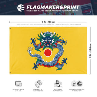 A mockup depicting custom flag specifications and measurements for 'Qing Empire Roundel flag'