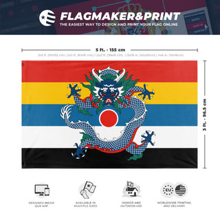 A mockup depicting custom flag specifications and measurements for 'Qing Roundel Five Colors flag'