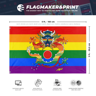 A mockup depicting custom flag specifications and measurements for 'Qing Empire Pride flag'