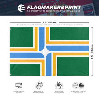 A mockup depicting custom flag specifications and measurements for 'Portland, Oregon flag'