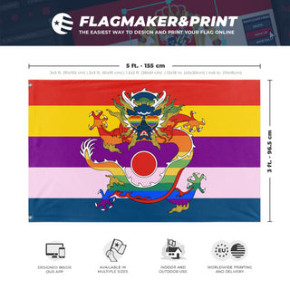 A mockup depicting custom flag specifications and measurements for 'Qing Empire Beiyang Pride flag'
