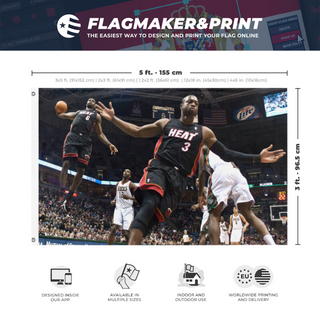 A mockup depicting custom flag specifications and measurements for 'LeBron and Wade Dunk flag'