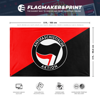A mockup depicting custom flag specifications and measurements for 'Antifa - Black flag'