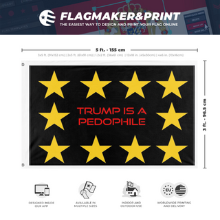 A mockup depicting custom flag specifications and measurements for 'Trump is a pedo flag'