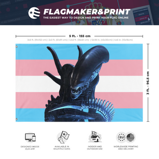 A mockup depicting custom flag specifications and measurements for 'Transxenomorph flag'