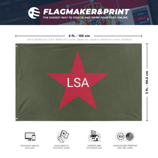 A mockup depicting custom flag specifications and measurements for 'LSA flag'