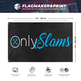 A mockup depicting custom flag specifications and measurements for 'OnlySlams flag'