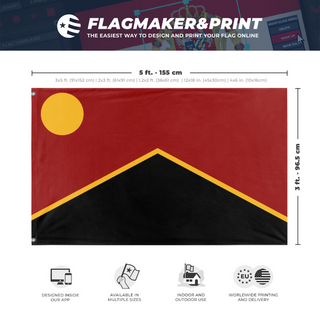 A mockup depicting custom flag specifications and measurements for 'People's Republic of Kossia flag'