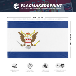 A mockup depicting custom flag specifications and measurements for 'Monarchist American'