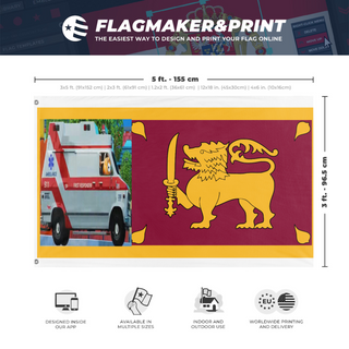 A mockup depicting custom flag specifications and measurements for 'Sri Lanka but on image flag'