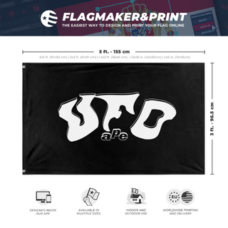 A mockup depicting custom flag specifications and measurements for 'UFO ape  flag'