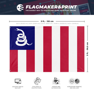 A mockup depicting custom flag specifications and measurements for 'Sons of liberty flag'