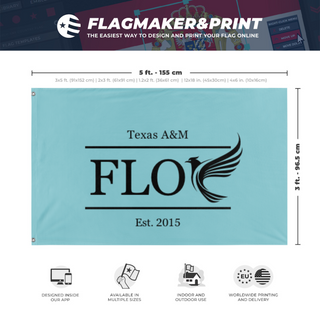 A mockup depicting custom flag specifications and measurements for 'FLOC flag'
