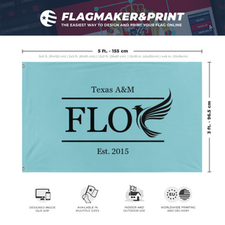 A mockup depicting custom flag specifications and measurements for 'FLOC flag'