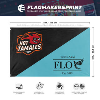 A mockup depicting custom flag specifications and measurements for 'red hots  flag'