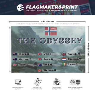A mockup depicting custom flag specifications and measurements for 'ODYSSEY flag'