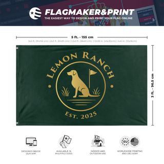 A mockup depicting custom flag specifications and measurements for 'LemonRanch flag'