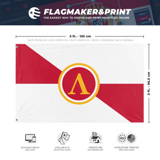 A mockup depicting custom flag specifications and measurements for 'Kingdom of Sparta flag'