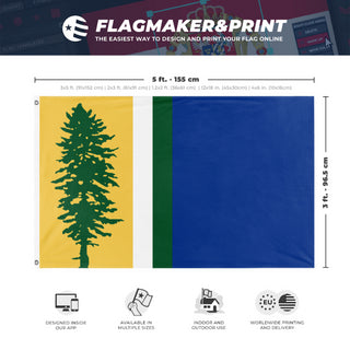 A mockup depicting custom flag specifications and measurements for 'Cascadia Redesign flag'