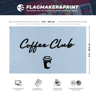 A mockup depicting custom flag specifications and measurements for 'Coffee Club flag'